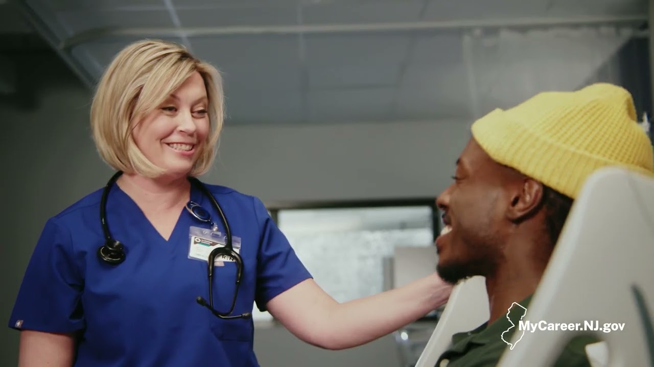 Still from the MyCareer.NJ.gov television commercial — a clinician and patient